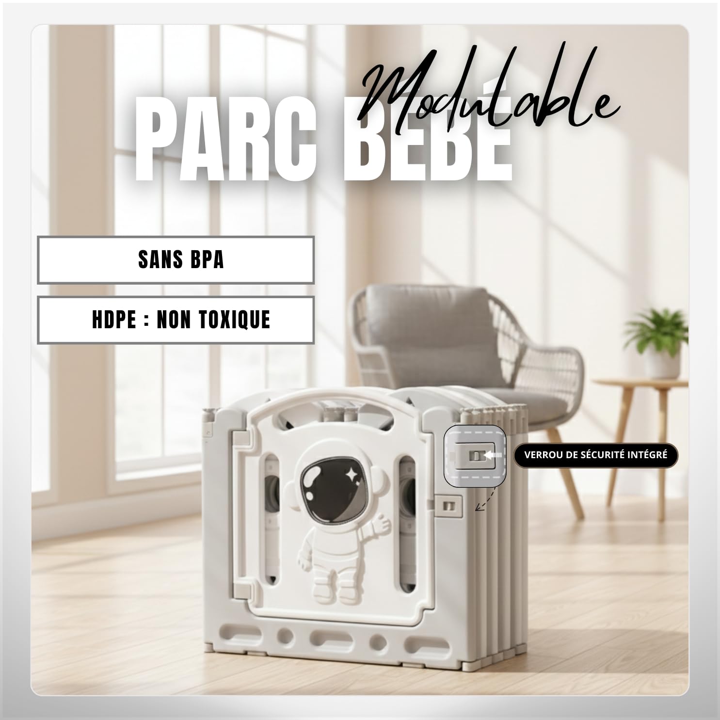 Parc Bébé Modulable 145x145 CM – Entreprise Française - Grand Parc Bébé Pliable Gris et Blanc – Aire de Jeu Sécurisée pour Enfant – Parc Modulable Bébé Évolutif – Parc Facile à Installer