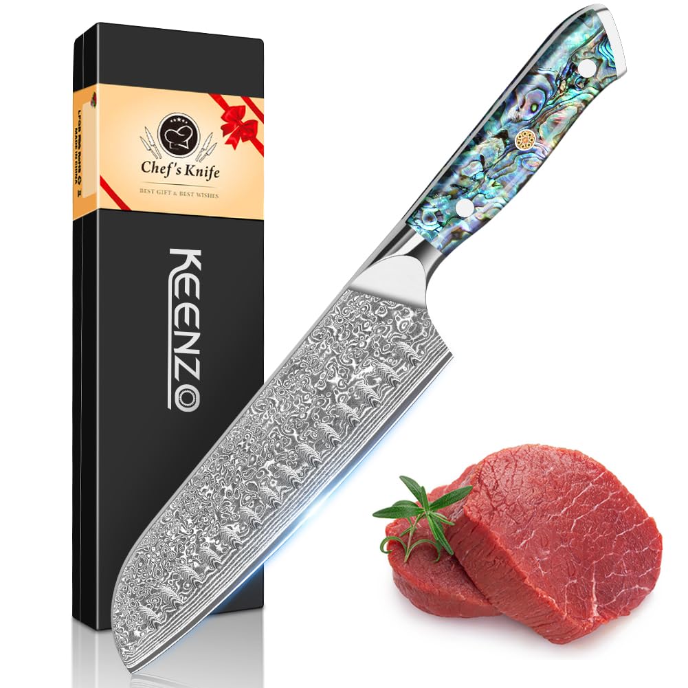 KEENZO 3PCS Kitchen Knife Set,Professional kitchen knives with 8" Chef knife,7" Santoku knife,5" Utility Knife,Japanese Hand Forged Damascus Steel Cooking knife set,Ergonomic Abalone Shell Handle — Amazon image 12