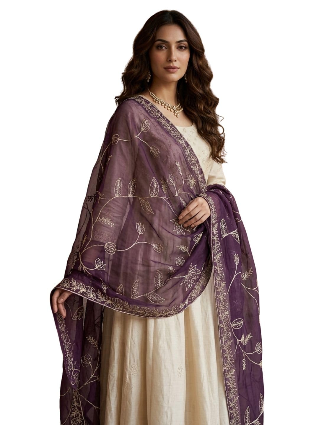 Women's Organza Gotta Patti Work Dupatta | Floral Gotta Ribbon Embroidery | Embellished Border Ethnic Wear Dupatta for Festive Wedding Party (2.4 Meter, Purple)-image-9