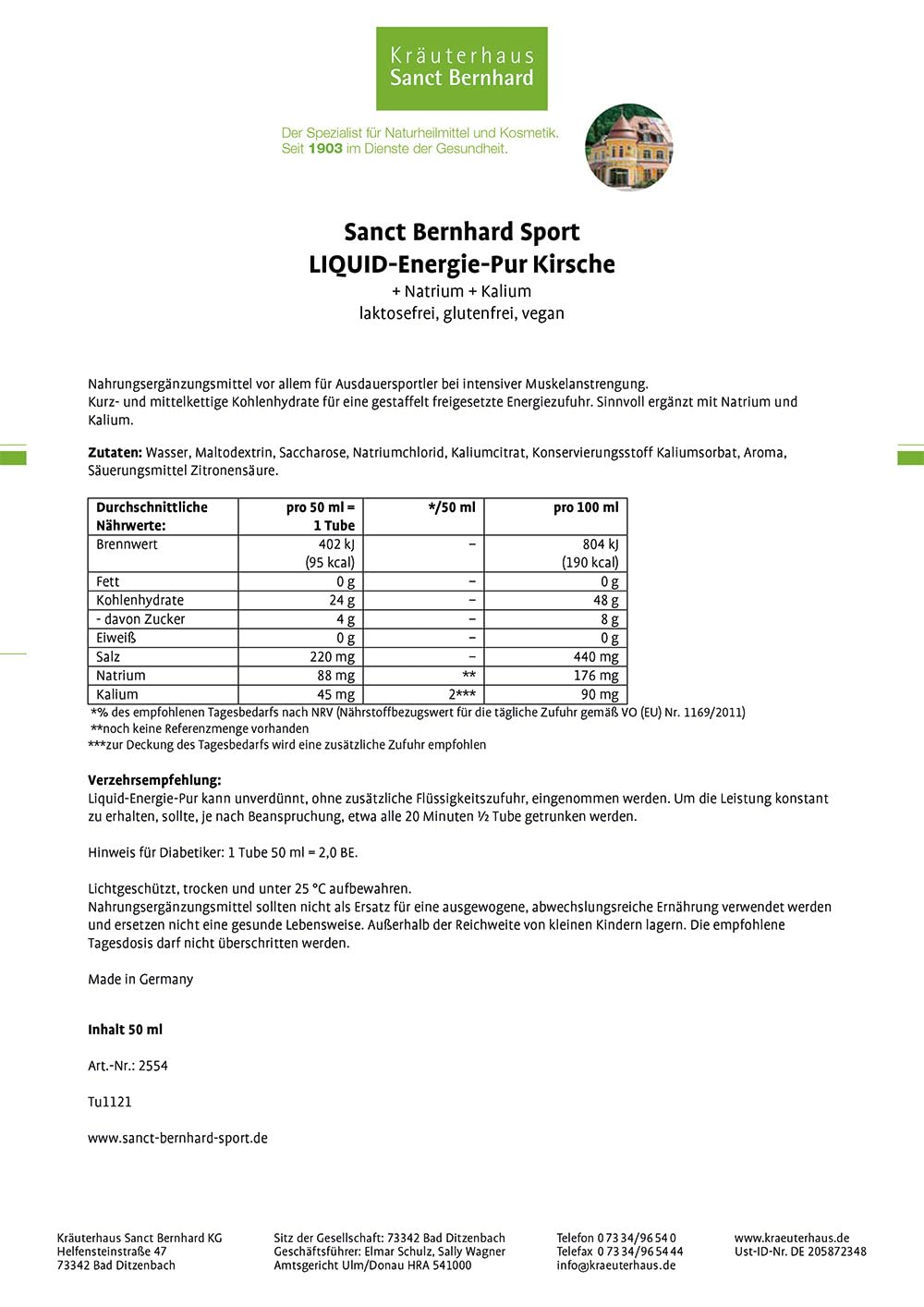 Sanct Bernhard Sport Liquid Energie Pur | 18 Tuben | Kohlehydratreiches Energie-Gel | Geschmack Kirsche | Laktosefrei, glutenfrei und vegan | Deutsche Produktion & laborgeprüft