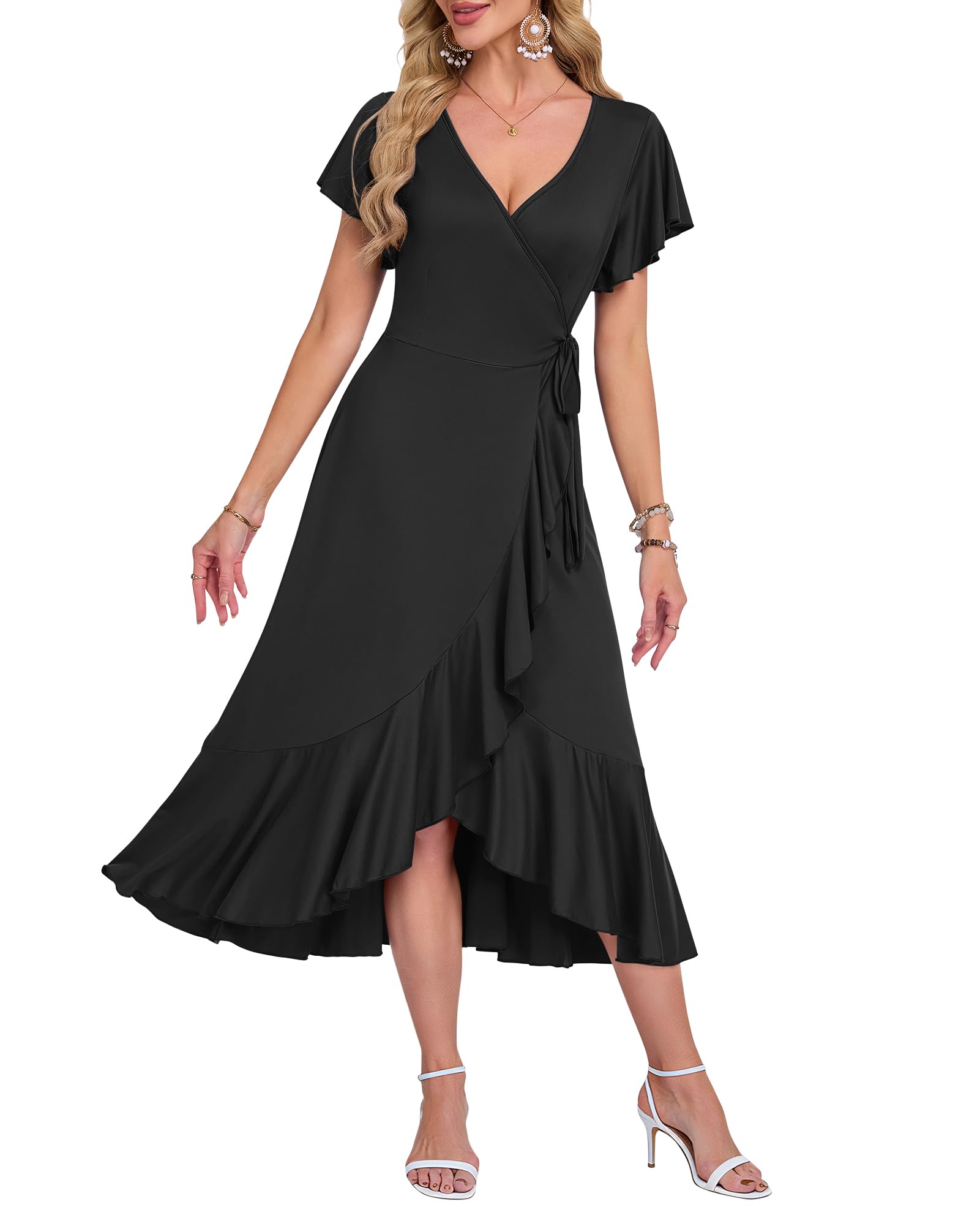 AUSELILY Sommerkleid Damen Wickelkleid Kurzarm Midikleider Langes Strandkleid V Ausschnitt A-Linie Hohe Taille Sommer Kleider