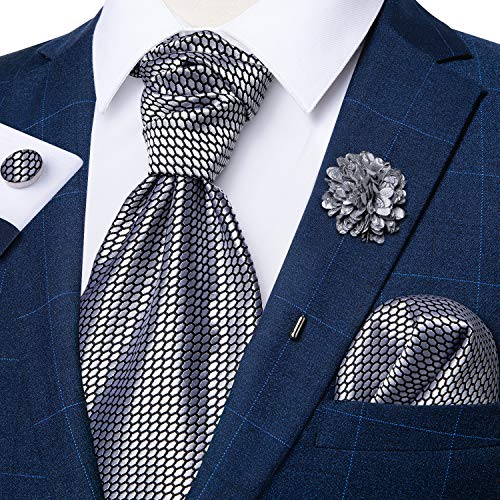 Image of DiBanGu Mens Silk Ascot Ties Paisley Jacquard Woven Cravat and Pocket Square Cufflinks with Lapel Pin for Business Wedding