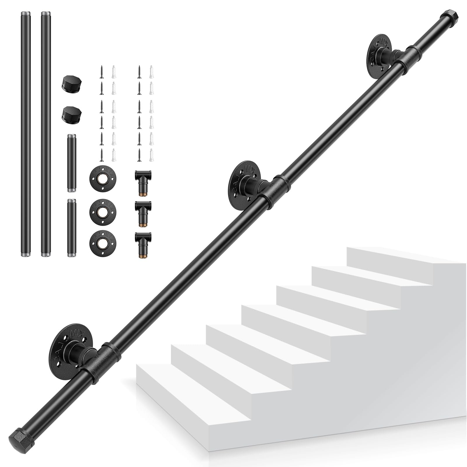 Pasamanos Escalera, 1,2M Pasamanos para Escaleras Interior Exterior, Pasamanos Negro con tubo de acero Galvanizado Industrial Antideslizante, Barandilla Escalera para Cocina Baño Jardín