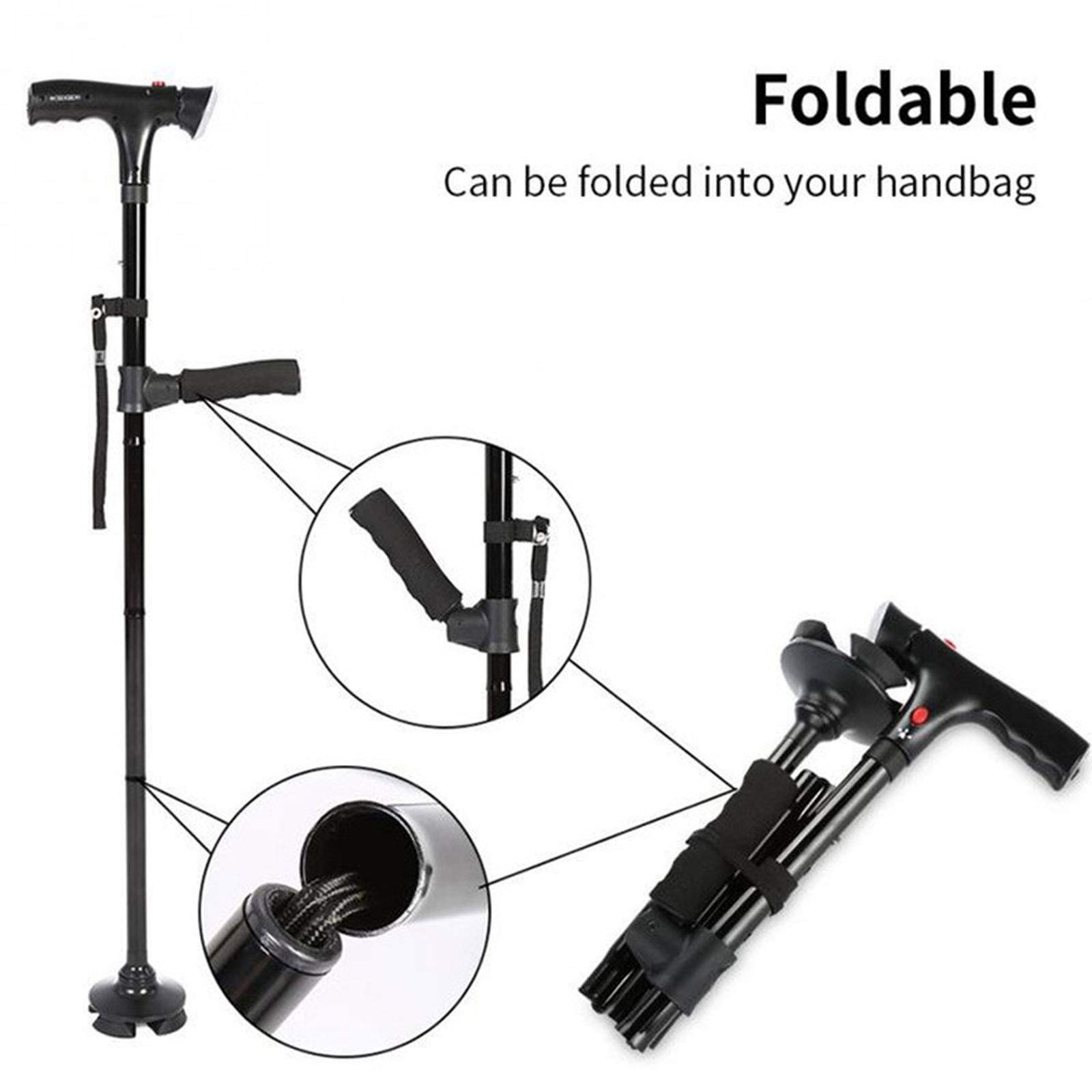 Bastón Plegable con luz LED y Alarma, Base cuádruple pivotante, ajustes de Altura (33.9''-38.2'') Bastón para Personas Mayores y Personas con Artritis Star of Light
