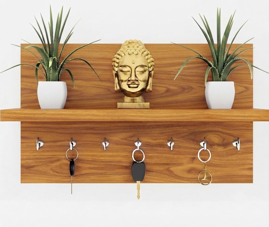 Nitriva Wall Mounted Key Holder Shelf with 7 Hooks, Golden Teak Laminate Wood Finish, Space-Saving Design-image-5