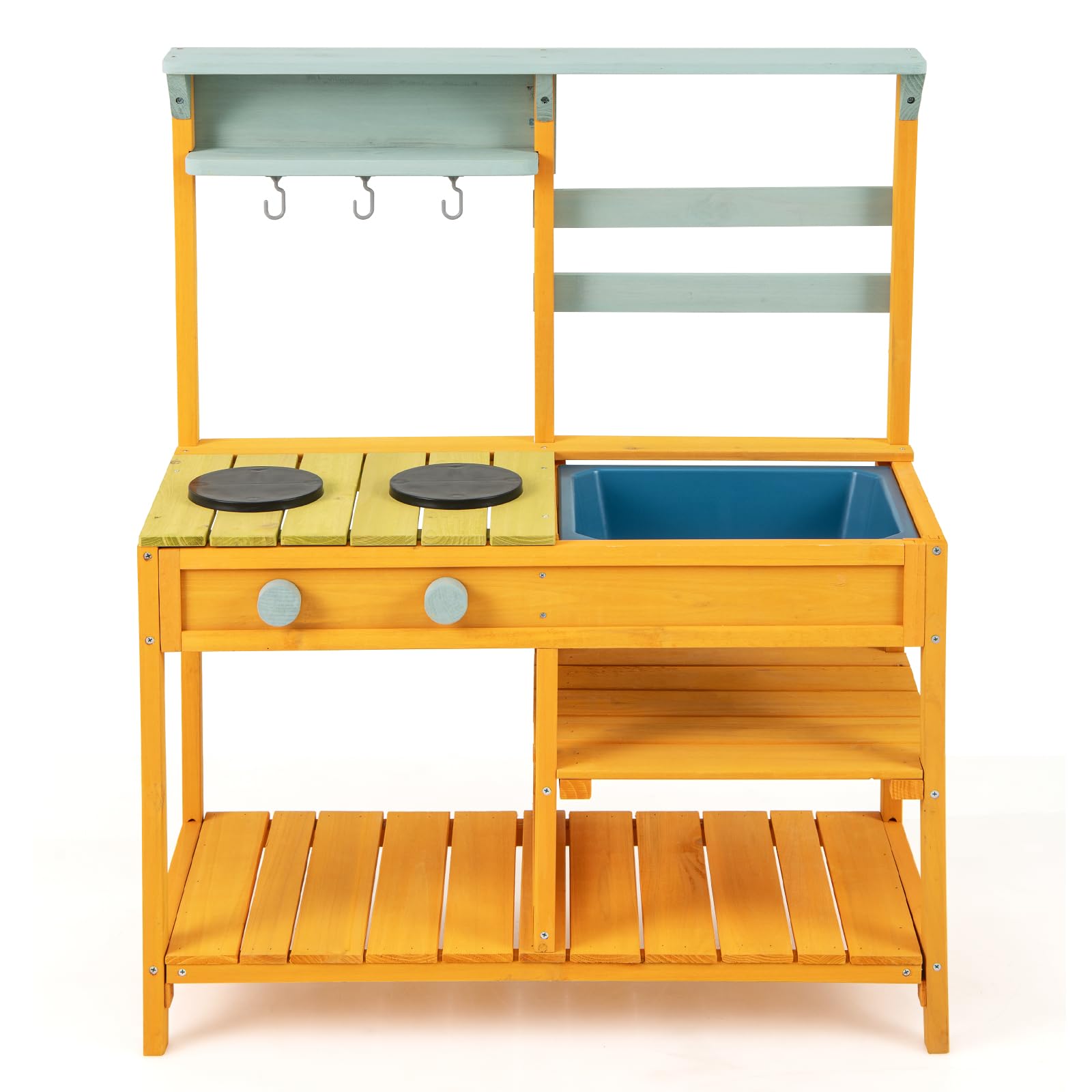 RELAX4LIFE Cucina Giocattolo per Bambini, Cucina da Esterno in Legno con Fornelli e Lavandino, Ripiani Aperti, Cucina Giocattolo Interattiva per Bambini 3+ Anni (Giallo)