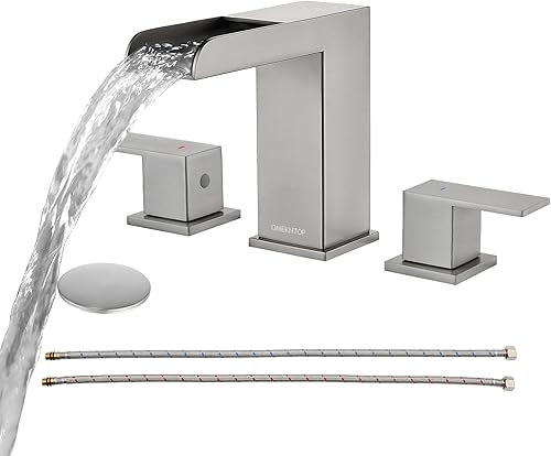OMEKNTOP Grifo de baño de níquel cepillado, 8 pulgadas, cascada, grifo de lavabo de 3 agujeros, grifo de baño con drenaje desplegable y manguera,