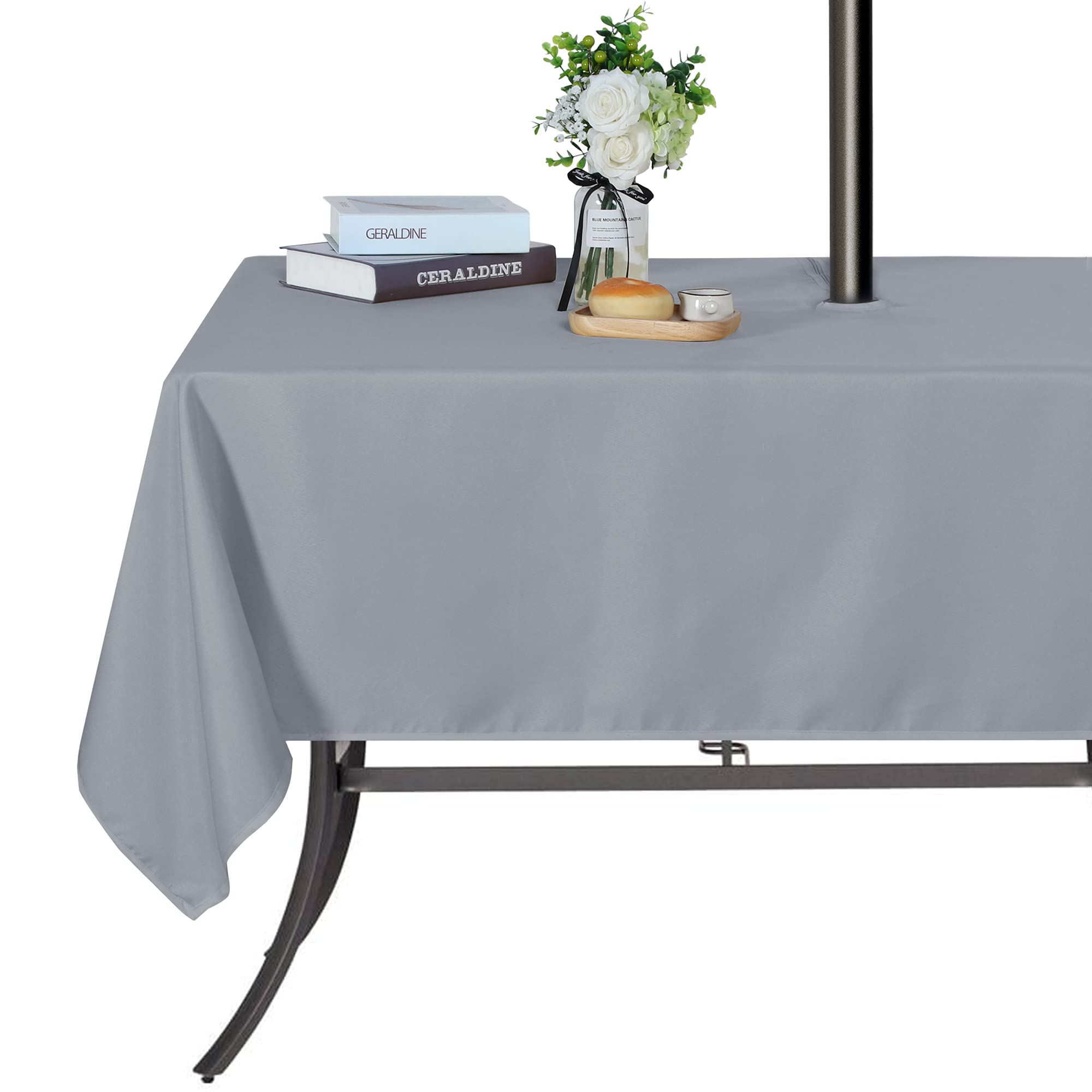 SARAFLORA Outdoor and Indoor Tablecloth -60x120 inch Silver, Wrinkle Free Washable Waterproof Table Cloth with Umbrella Hole and Zipper Rectangle Table Cover for Spring/Summer/Patio/Picnic/BBQS/Party