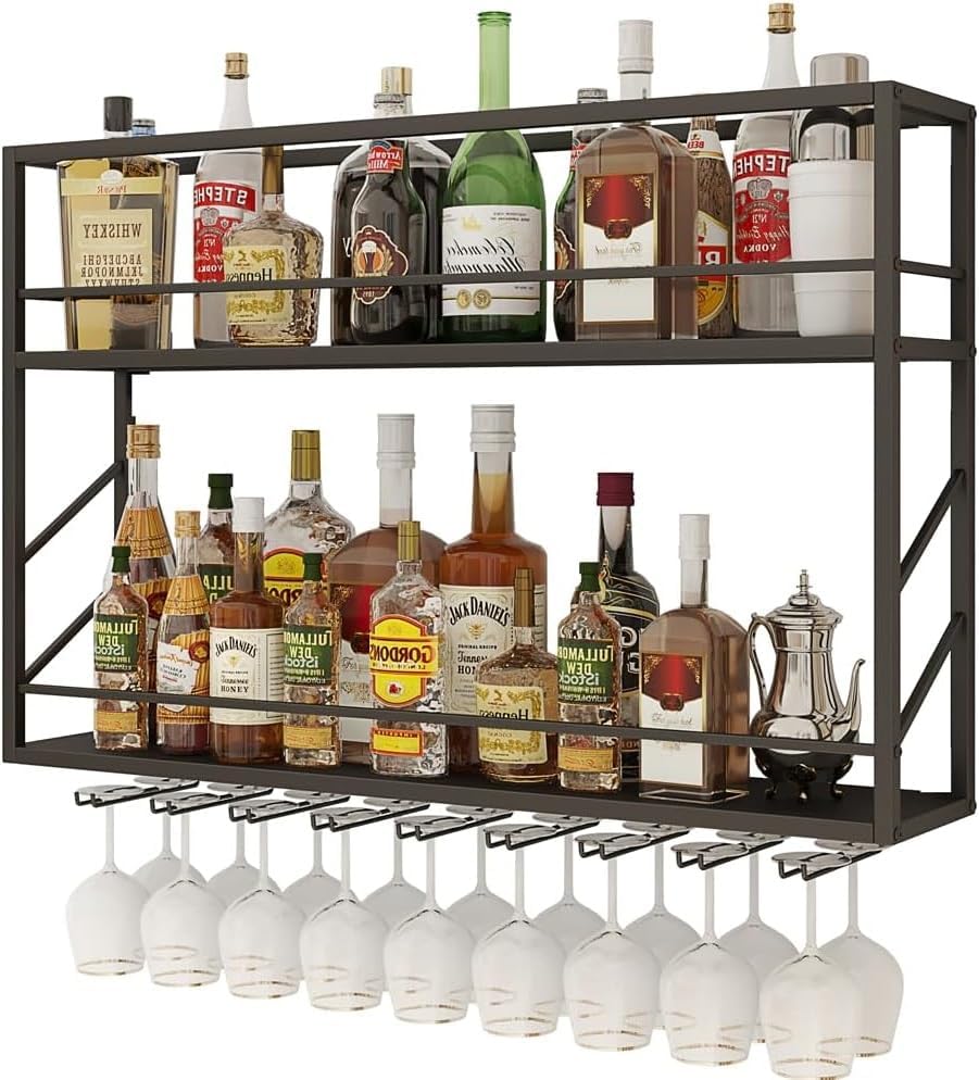 OGFC 58144 Wall Mounted Wine Rack 2 Tier, Metal Bar Liquor Shelves and Glass Holder,Wall Bar Shelf Wine Display Storage Holder for Home Bar, Dining Room, Kitchen(31.4×7.8×26in)