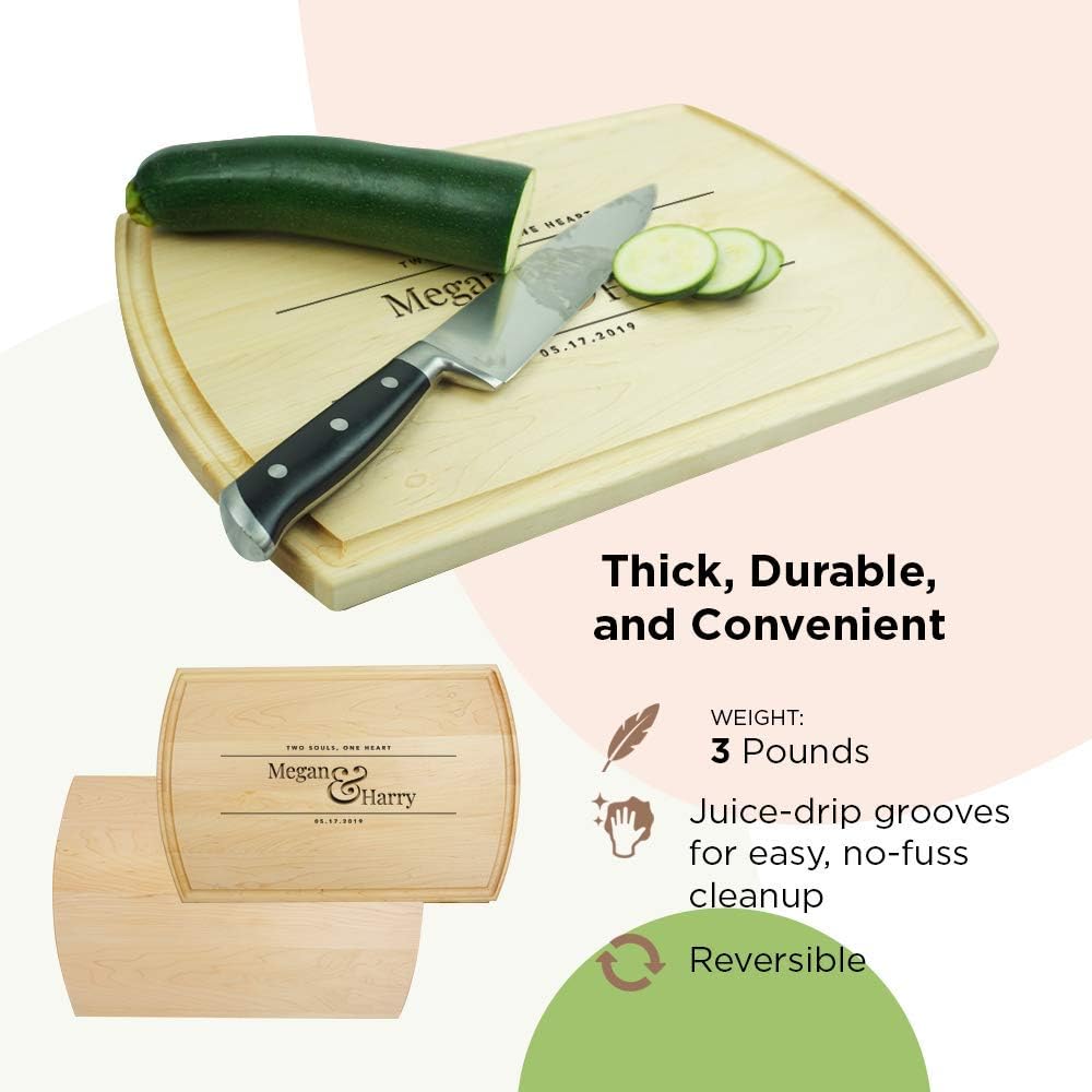 Two Souls, One Heart-Personalized Wooden Cutting Board for Kitchen Juice Groove Natural Custom Engraved in USA, Housewarming Wedding for Couple (Maple 10.5x16 Inch)