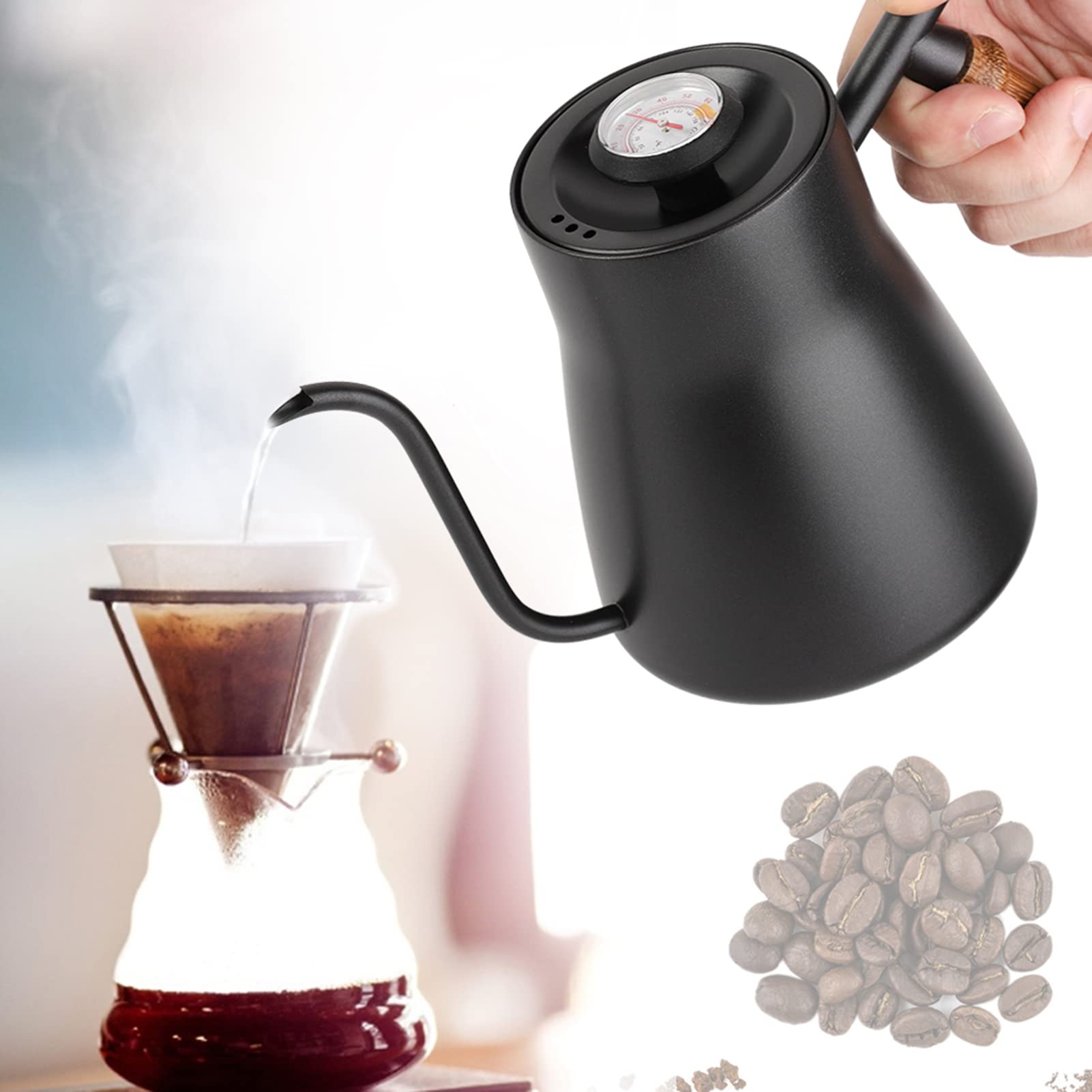 ZPSHYD Kaffeekessel, 850 ml Schwanenhalskessel PTFE-beschichteter Edelstahl Übergießkaffeekessel mit Holzgriff(with Thermometer)