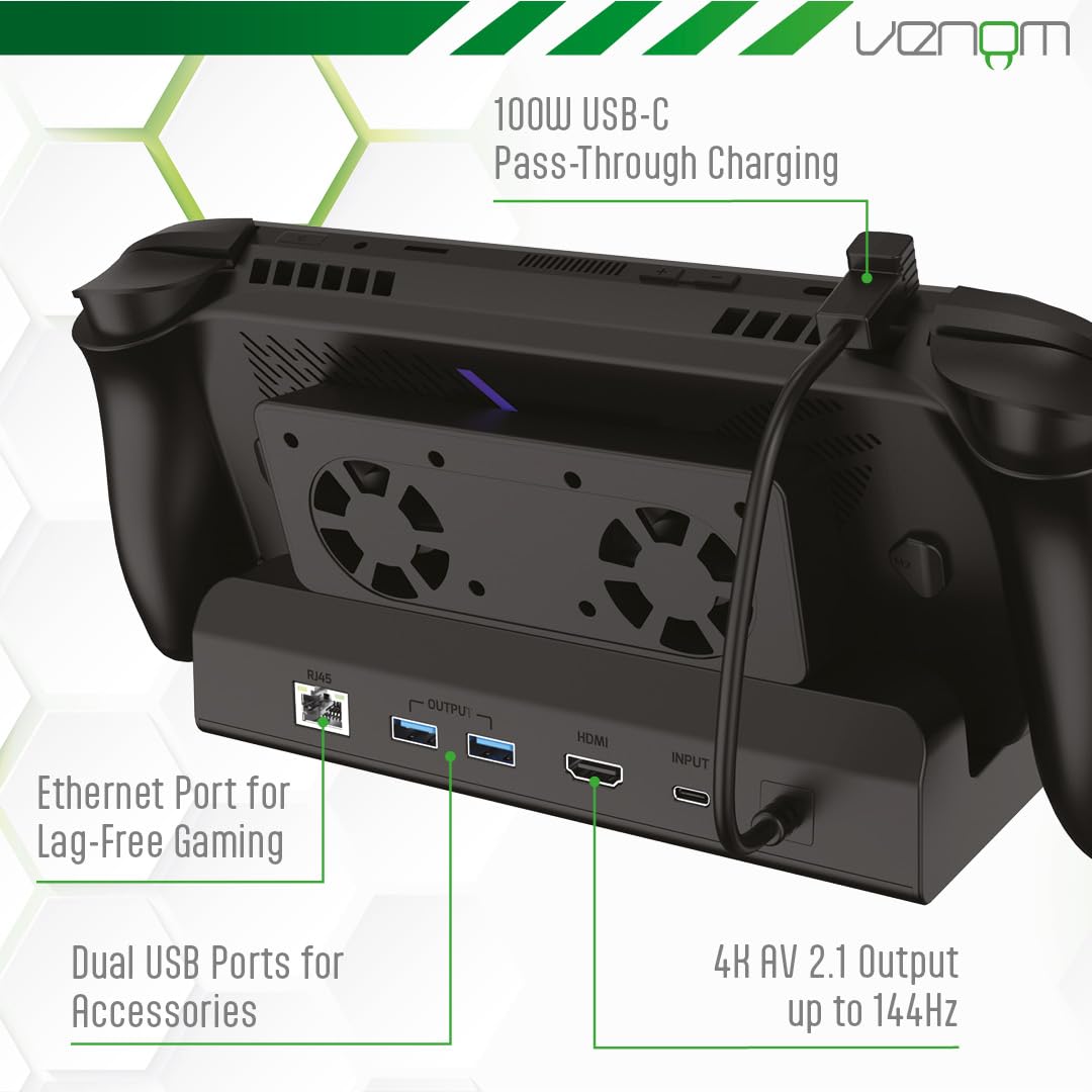 Venom Station d’Accueil Multimédia pour ASUS ROG Xbox Ally et Ally X | Dock HDMI 2.1 4K avec Ventilateurs, Charge USB-C 100W, Ethernet et USB | Compatible Steam Deck, Legion Go, MSI Claw