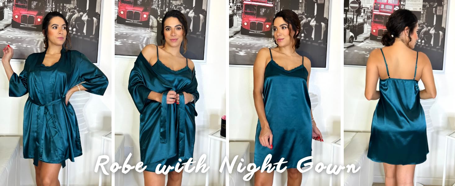 Ekouaer Damen Morgenmantel & Nachthemd Satin Zweiteiliger Nachtwäsche Set Seiden Bademantel Kurz Negligees 2er Pack