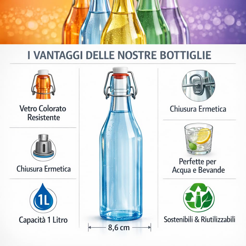 Set 6 Bottiglie in Vetro Colorato 1 Litro con Tappo Ermetico Caraffe Eleganti Bicchieri Multicolore per Acqua, Smoothie, Succo di Frutta Mod. SLIGO