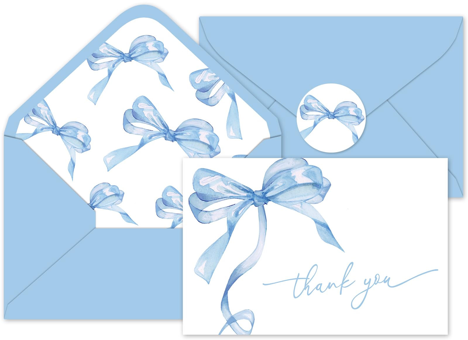 Whaline 24 Pack Blue Bow Thank You Cards with Envelopes and Stickers Watercolor Bow Greeting Cards Blue Blank Note Card for Party Supplies Wedding