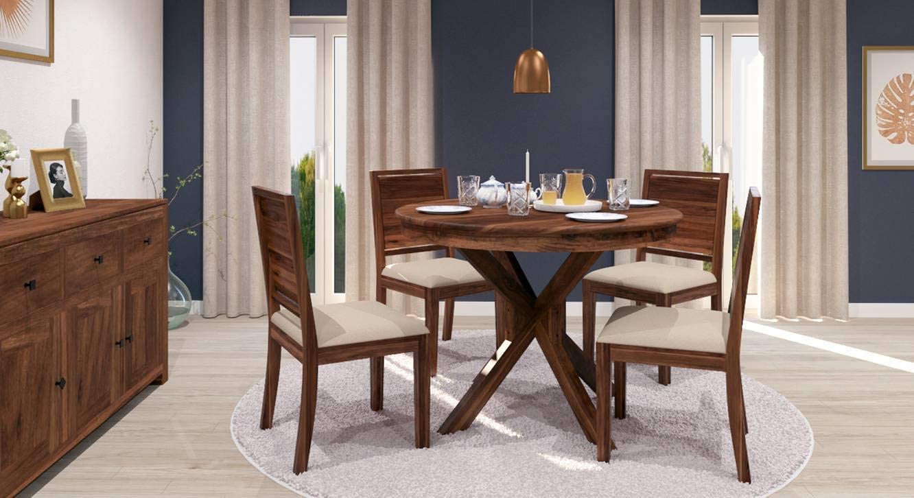 SRB FURNITURE Solid Wood 4 Seater Dining Table | Sheesham Wood Four Seater Dining Set with Cushion Chairs | Wooden Furniture Round Dinner Table | Honey Finish-image-42