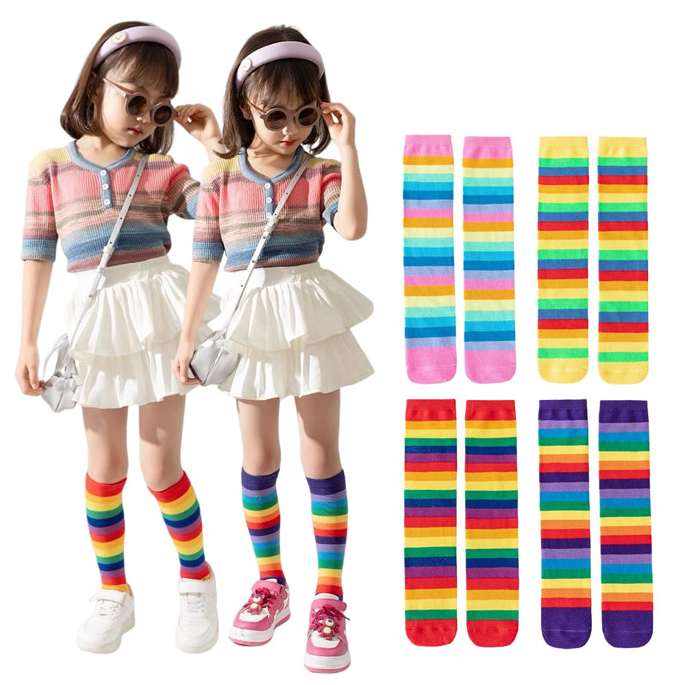 [ZGKULAEAOW] 靴下 キッズ ハイソックス 2足セット レインボーカラー 子ども 女の子 くつした ボーダー しましま 虹 ストライプ カラフル 運動会