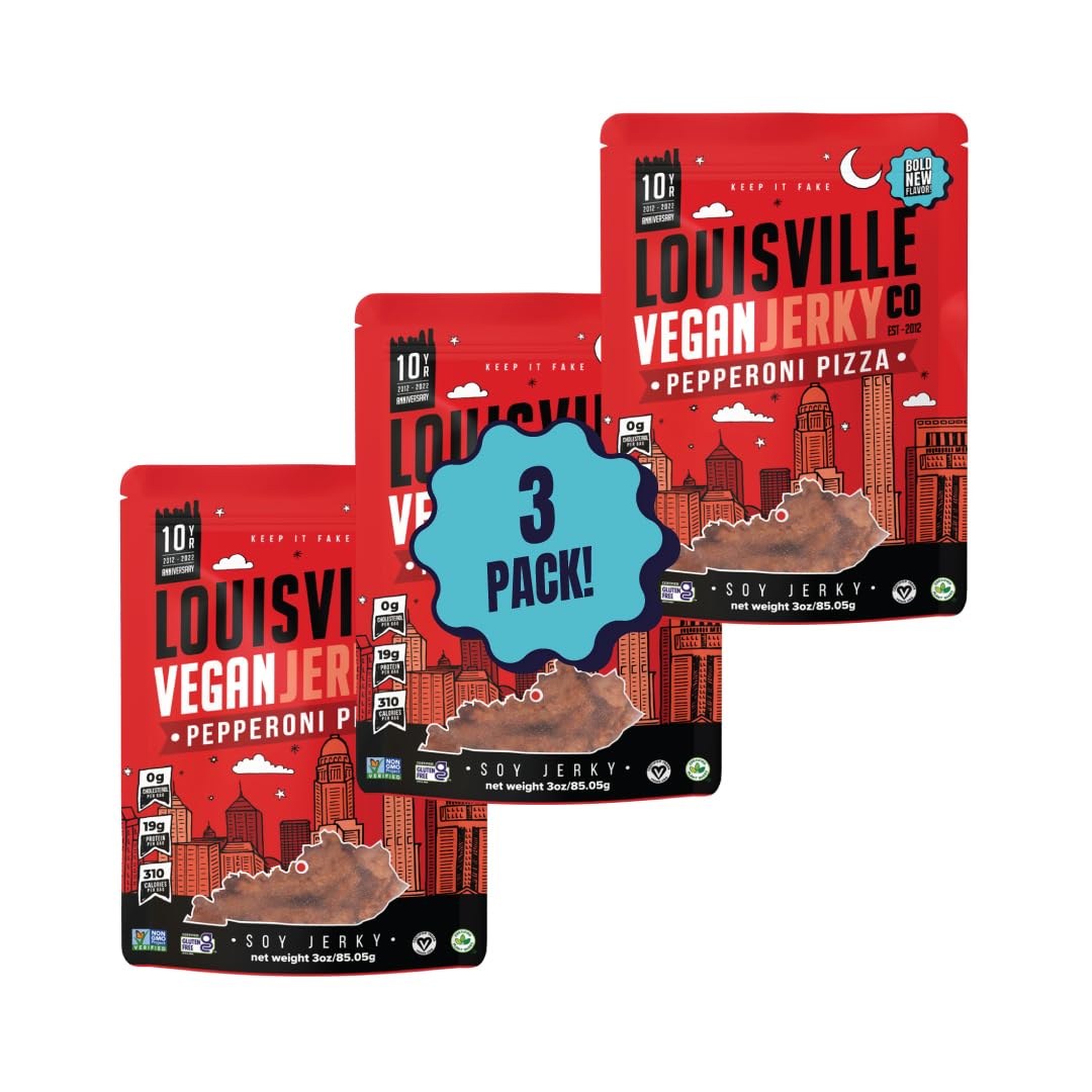 Louisville Vegan Jerky – Pepperoni Pizza Vegan and Vegetarian Friendly Meat - Lip-Smacking Jerky - Gluten-Free High Protein Vegan Snacks 19 grams of Non-GMO Soy Protein - 3 oz, 3 Pack