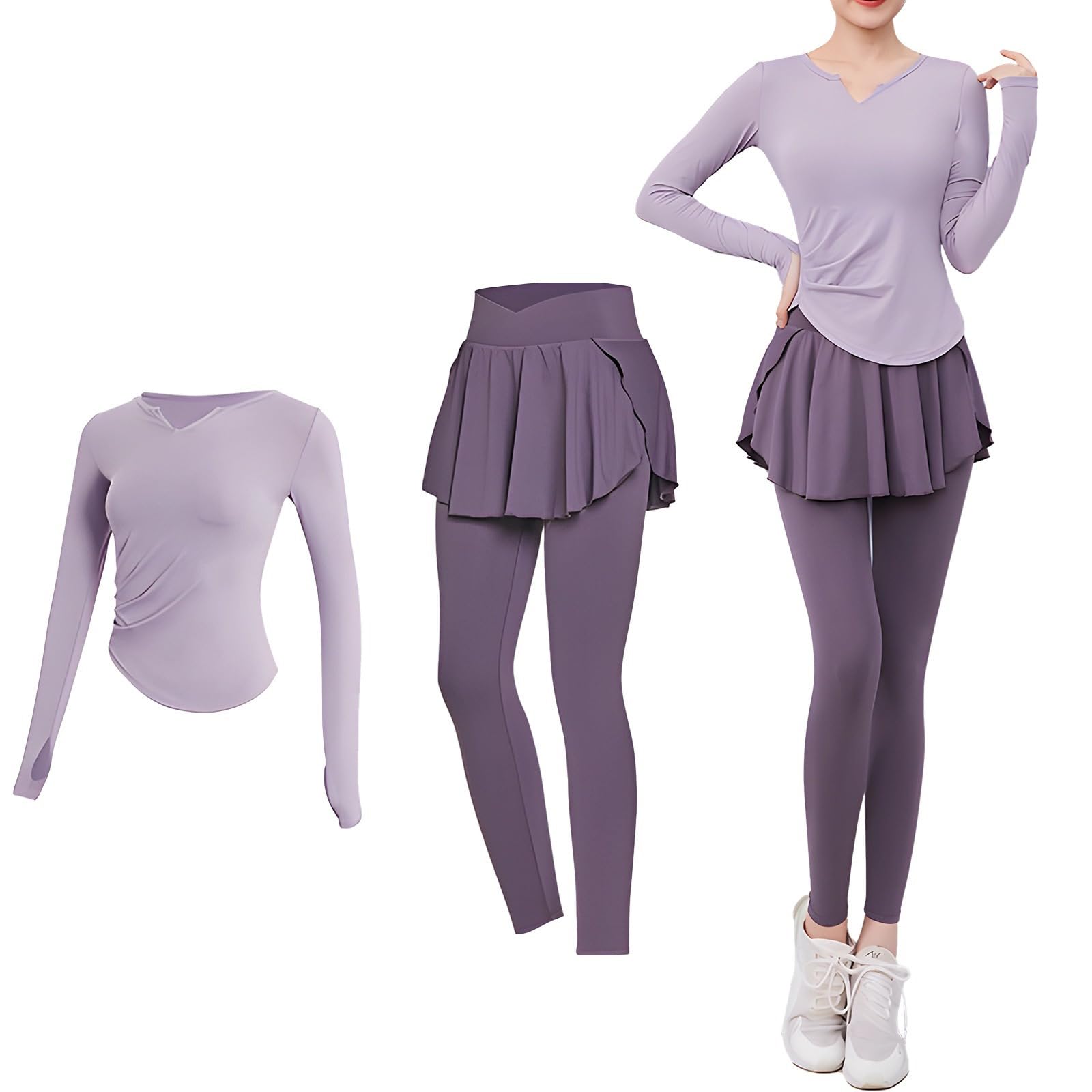 Completo da pilates nero da donna, due pezzi a maniche lunghe con leggings gonna, traspirante, traspirante e traspirante per 61-68 kg
