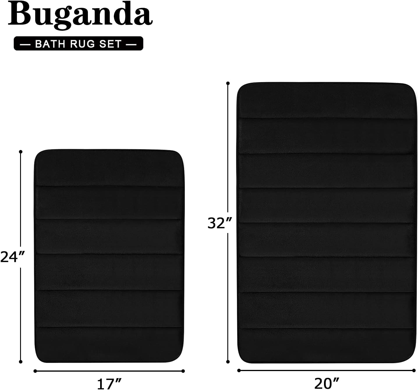 Buganda Memory Foam Bathroom Rugs and Mats Sets 2 Pieces Bath Mats, Non Slip, Absorbent, Shaggy, Machine Washable Bathroom Rugs for Bathroom(17" x 24"+20" x 32", Black)