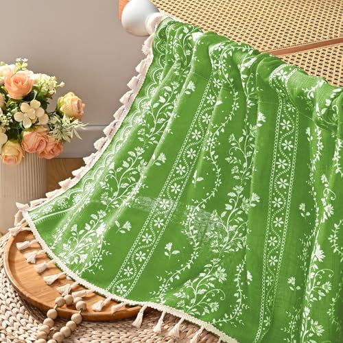 Image of Yinhua Boho Valance Curtains Vintage Linen Green Kitchen Valances for Windows Light Filtering Bohemian Floral Valance Rod Pocket Farmhouse Tassel Window Valances for Bathroom Cafe, 52 inch W X 18 inch L
