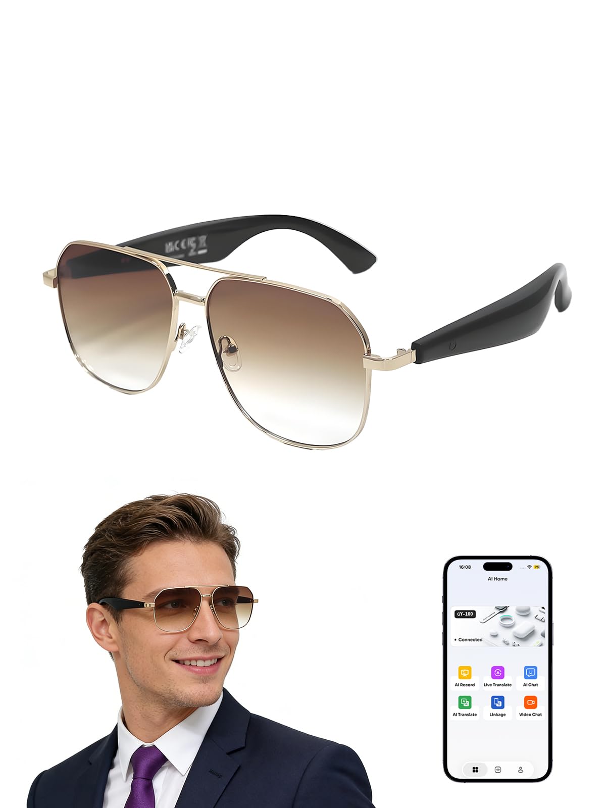 Bluetooth Sunglasses for Men AI Smart Glasses with Open-Ear Speakers for Music Calls Blue Light Blocking UV400 Lenses