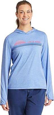 Life is Good - Womens Retro Ocean Sunrise T-Shirt, Color Cornflower Blue, Size: Medium