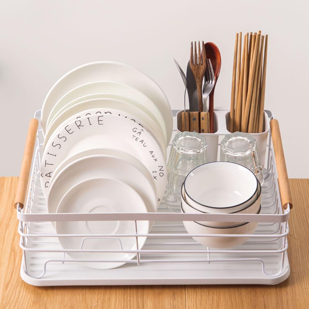 Escurridor de platos de gran capacidad que ahorra espacio con soporte para utensilios, encimera de cocina blanca para secar platos eficientes y soluciones de almacenamiento de cocina
