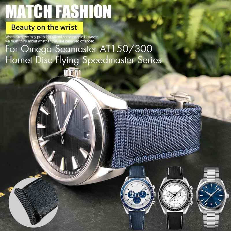 VELORE Correa de reloj de cuero y nailon de alta densidad, 20mm, 21mm, 19mm, apta para Omega Seamaster AQUA TERRA 150 GoodPlanet GMT, correa de reloj con extremo curvado