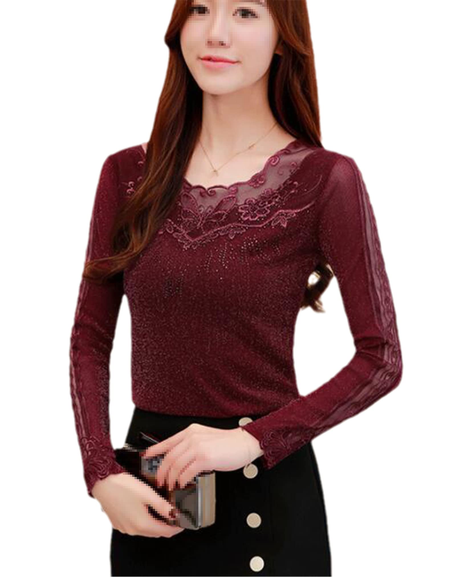 SaoBiiu Camicetta casual da donna autunnale in pizzo a maglia patchwork da donna camicie eleganti con diamanti, Viola, S