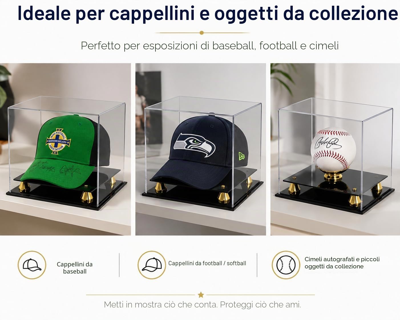 Katai Espositore per cappelli in acrilico, trasparente, resistente ai raggi UV, per berretti da baseball, calcio e softball, da collezione, con panno in microfibra