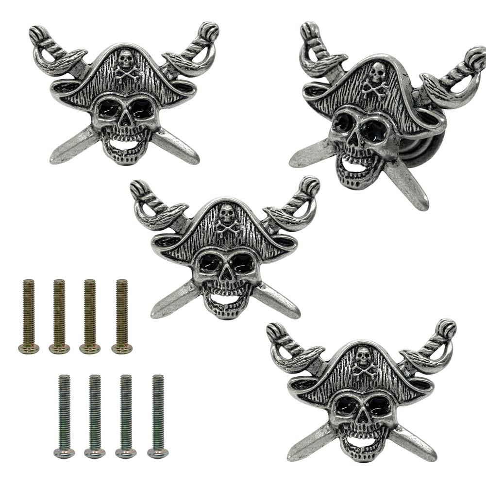 4 Pcs Retro Pirate Skeleton Design Drawer Knobs with Pulls Hand Handles Pirate Head Knobs Zinc Alloy Unique Drawer Knobs for Kitchen Dresser Cabinets Wardrobe（Skull Pirate Head）