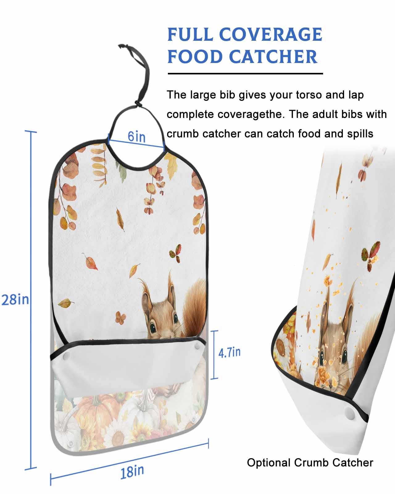 LEOKOTI Fall Squirrel Adult Bibs for Eating, Waterproof Bibs with Food Catcher & Adjustable Snap Closure, Pumpkins Maple Leaf Floral Thanksgiving Washable Clothing Protectors Adult Bibs for Elderly