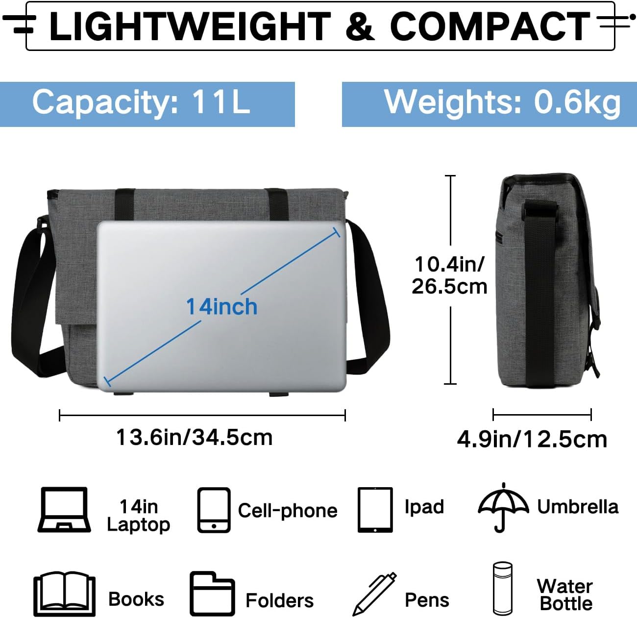 VASCHY Messenger Bag,Water Resistant Casual Lightweight Slim Crossbody Shoulder Bag for Men Women Work School for 14in Laptop