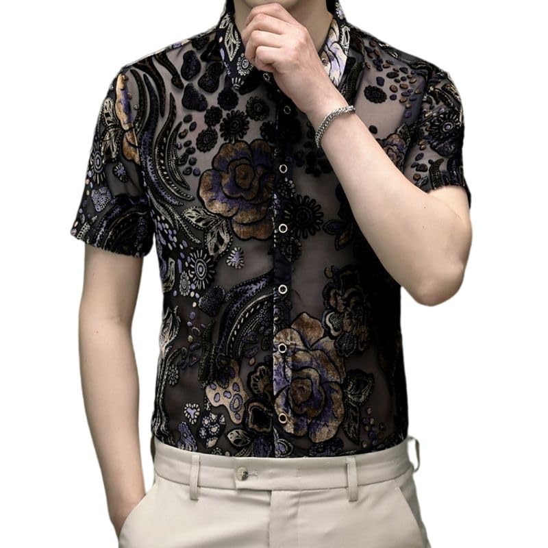 Chemise en crochet homme mince et respirante avec col rabattable tendance