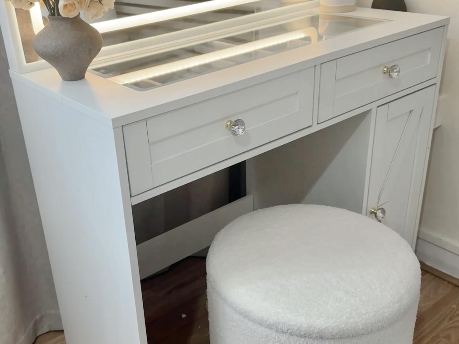 YITAHOME Tocador con iluminación LED Ajustable y enchufes, tocador con Espejo, tocador con cajones divididos, Escritorio Transparente, Blanco