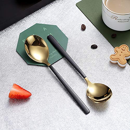 Dessert Spoons 6 Pieces Black And Gold Plating, Homquen Stainless Steel 7.5" Smooth Edge Modern Design Spoon Silverware Set Dinner Spoon Table Spoon, Soup Spoons Dishwasher Safe #TOP4