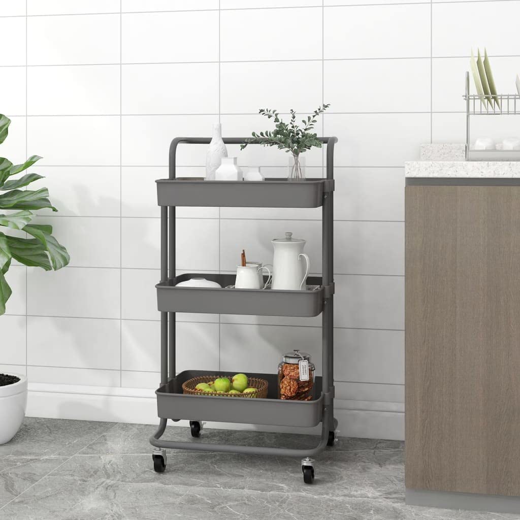 vidaXL Carrito de Cocina Carro de Servicio Doméstico Niños Garaje Estantes Almacenamiento Alimentos Bebidas 3 Niveles Hierro y ABS Gris 42x35x85 cm