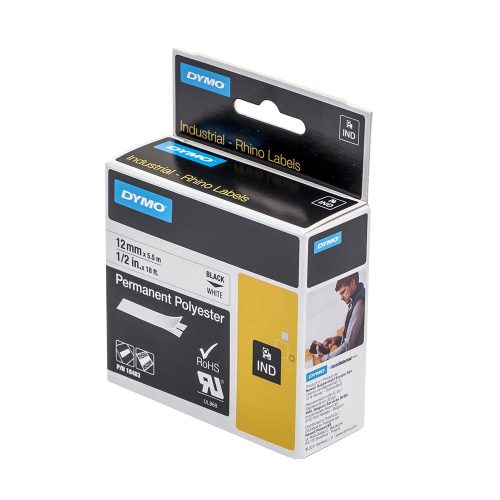 5 x Dymo 18483 Rhino industrial-strength Permanent Stoff Label Klebeband, 12 mm x 5,5 m Kassette schwarz Druck auf wei + Papermate Kugelschreiber Geschenk