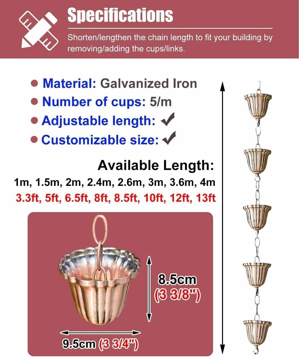 Catene da Pioggia Catene Antipioggia a Tazza for piogge Forti/Piccole, Catenella raccoglipioggia for sostituire i pluviali delle grondaie, Lunghezza Personalizzata(4m/13ft)