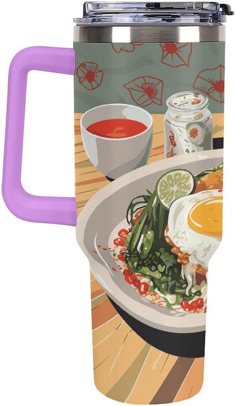 White Food Tumbler 40 Oz with Handle&Lid Large Car Cup Stainless Steel Vacuum Travel Mug Insulated Water Bottle Leak-proof Portable Coffee Cup for Home Car Outdoor