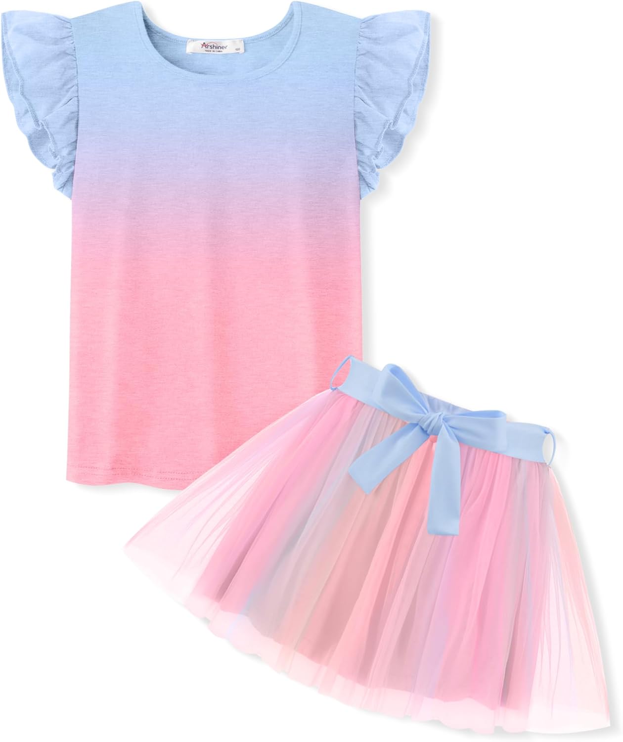 Arshiner Toddler Summer Girls Clothes 2 Piece Ruffle Sleeve Tops and Belt Tutu Skirt Sets Cute Party Dress for Kids