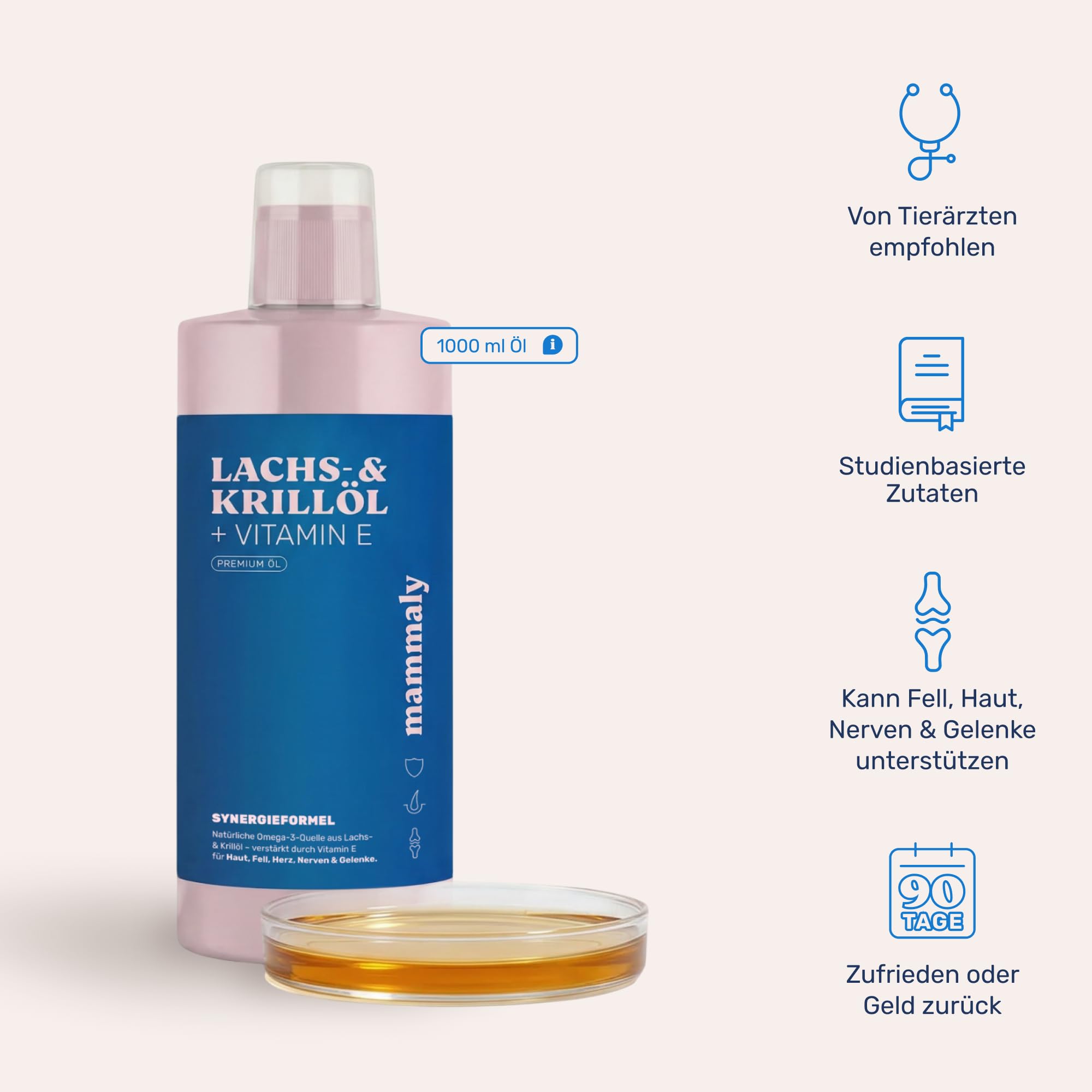 mammaly Lachsöl (95,9%) & Krillöl (4%) für Hunde 1000ml - Premium Wildlachsöl - Omega 3 & Astaxanthin - Kaltgepresst - Glänzendes Fell & gesunde Haut - Futteröl Barf geeignet