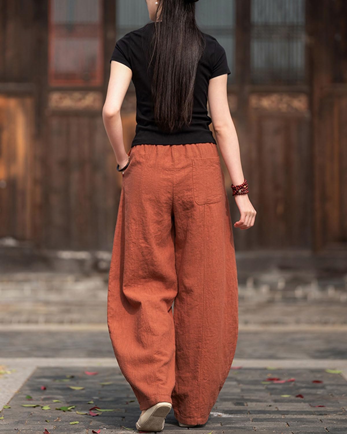 IXIMO Women's Linen Wide Leg Pants Casual Elastic Waist Loose Lantern Trousers Front Pockets - Image 7