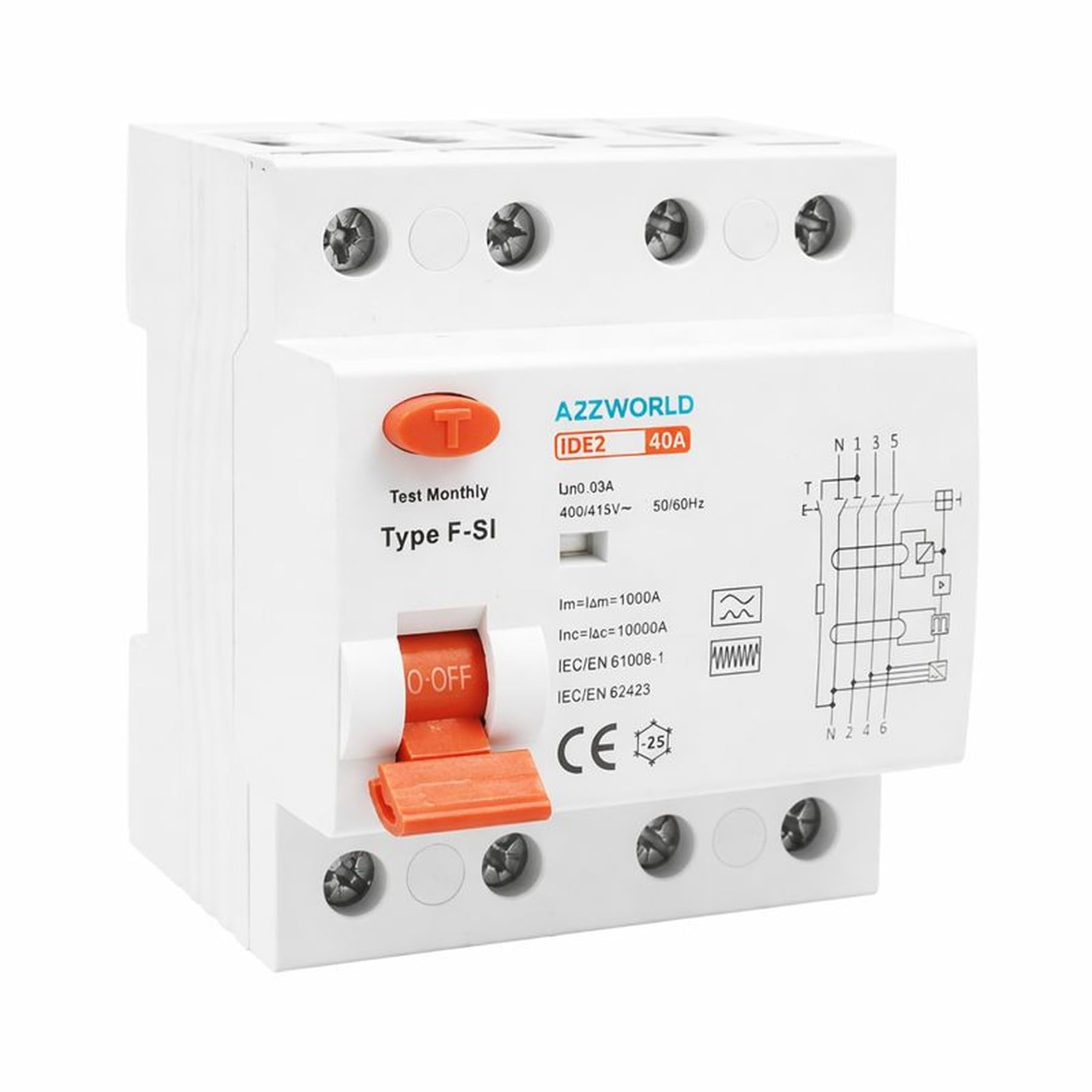 RCCB Interrupteur différentiel pur type F triphasé 40A, 3P+N 4 modules DIN, 30 mA, 6000 A, AC 380 V, IP20