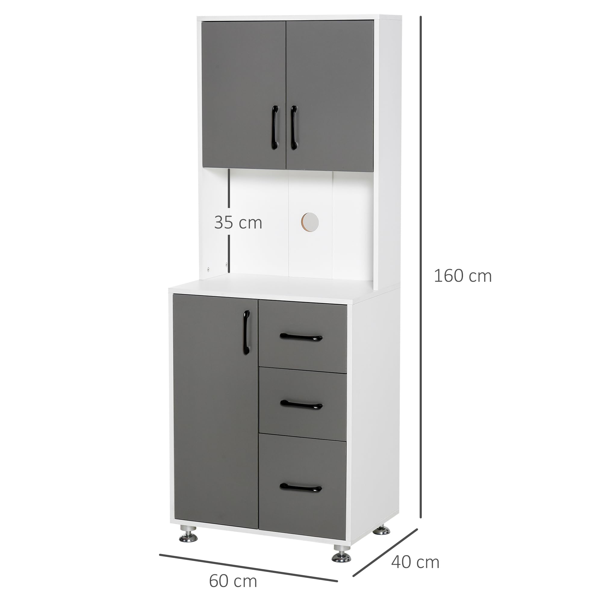HOMCOM Armoire de Cuisine Multi-Rangements 60L x 40l x 160H cm Gris Blanc