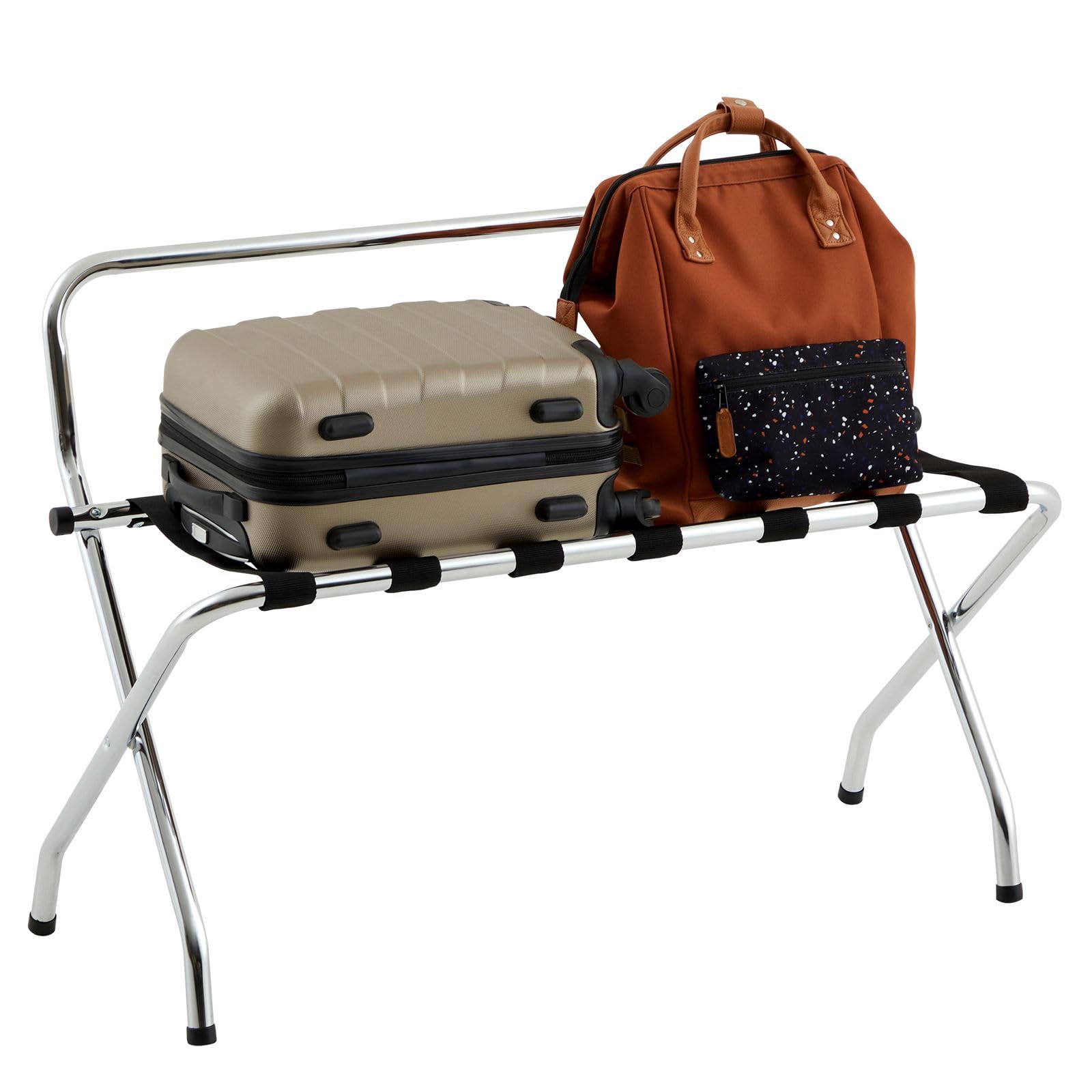 IDIMEX Porte-​Valise Valise en métal chromé, Support-​Bagages Accessoire de Chambre hôtel pour Sac de Voyage et Valise, Support Valise Pliable avec 7 Sangles de Maintien