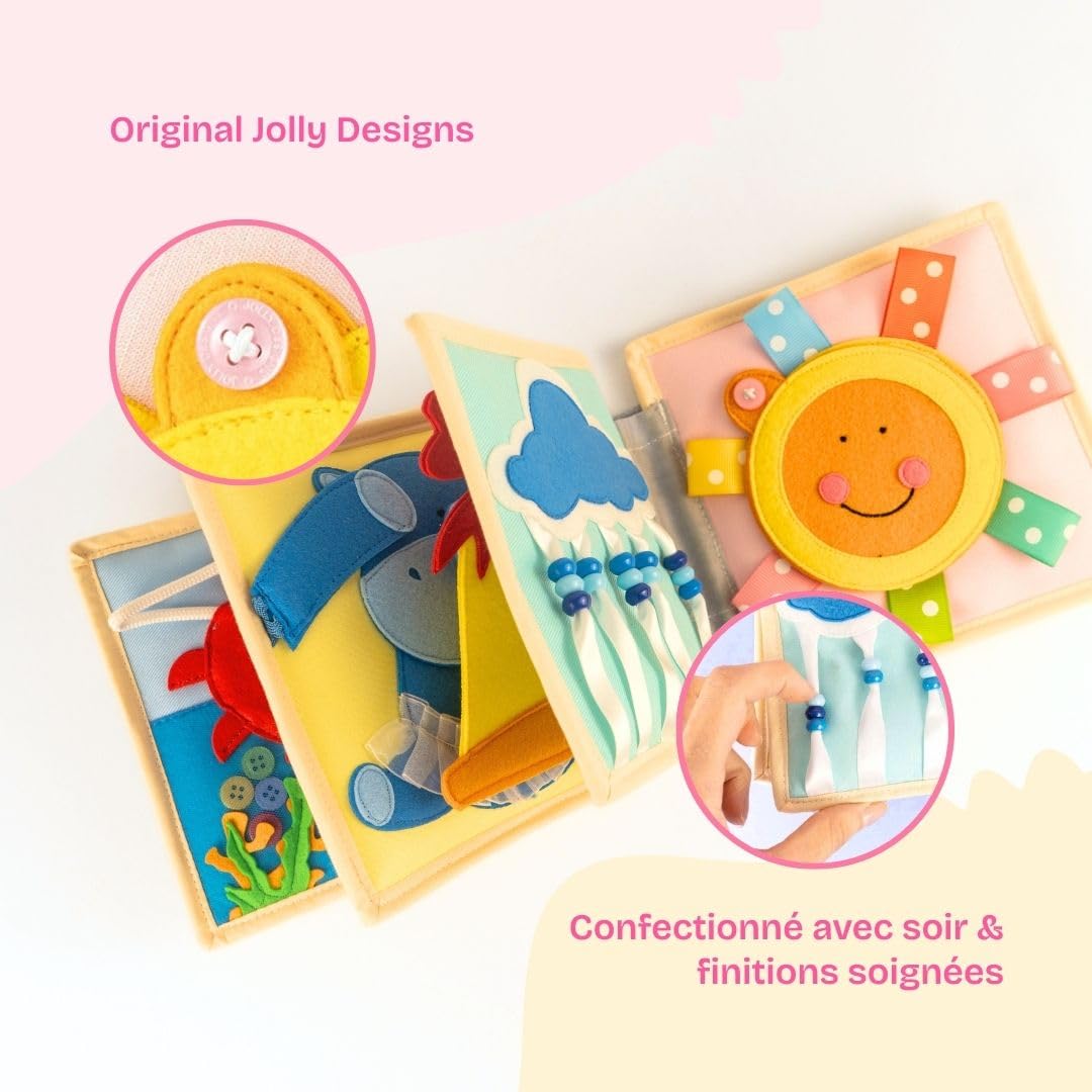 Jolly Designs® Mini Quiet Book Moutons Heureux – Jouet Montessori dès 4 Mois – Livre sensoriel & Livre Tissu pour bébé – Busy Book Fait Main en Feutrine – Jouet éducatif & de Voyage