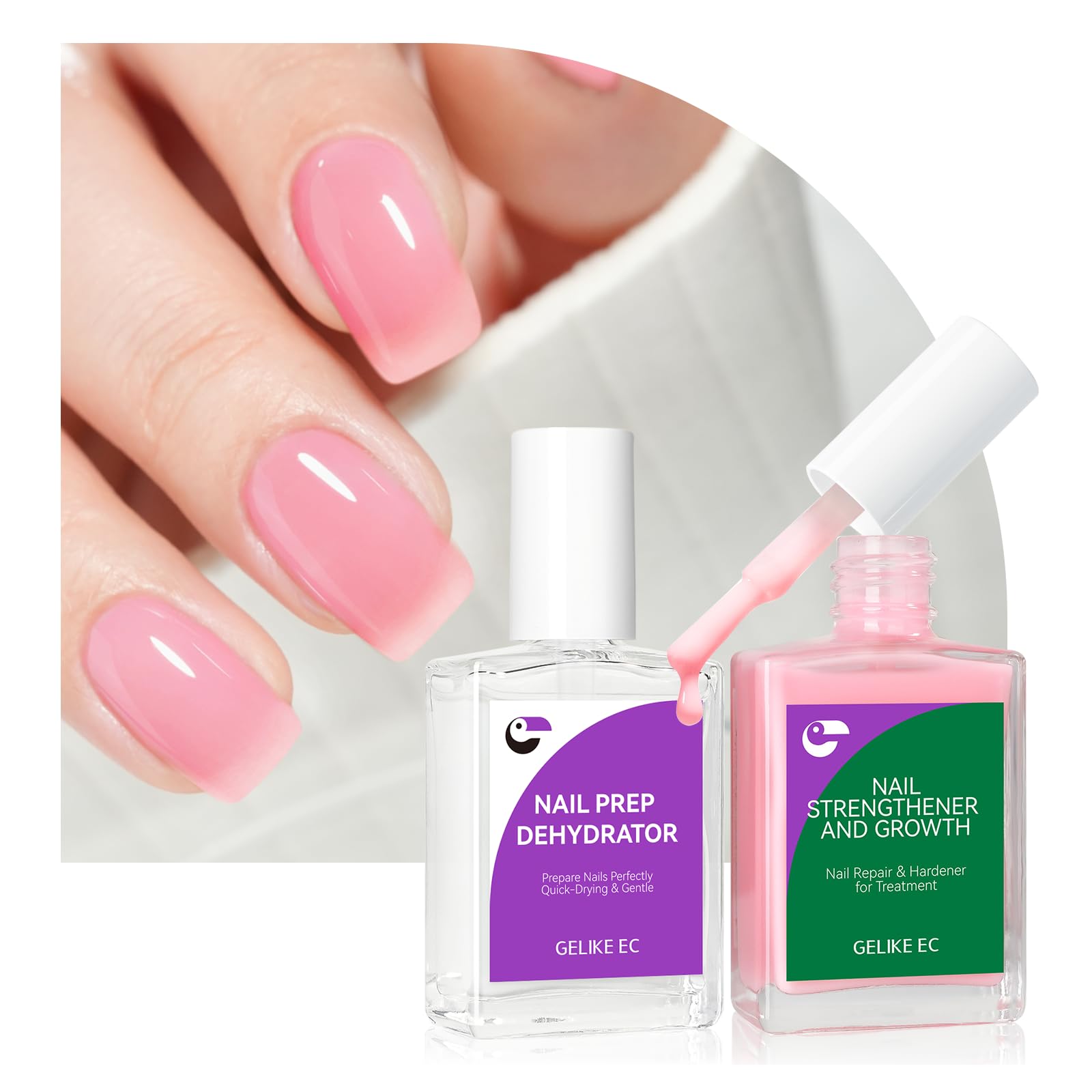 Gelike EC Nail Strengthener Dehydrator Kit: Soft Pink 6-in-1 Strengthener and Dehydrator Set for Stronger in 14 Days - Vegan Allergy-Friendly for Gel