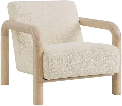 Modway Sereno Modern Boucle Fabric Accent Chair in Cream Oak with Rounded Wood Armrests Upholstered Lounge Chair for Living Room or Bedroom